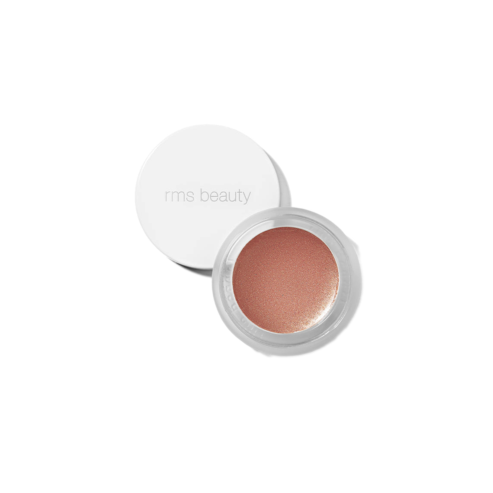 RMS Beauty Peach Luminizer in clear glass jar against plain white background showing warm bronze-peach cream highlighter texture