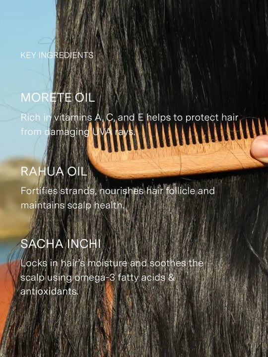 Close-up of a comb through wet hair with text on key ingredients.