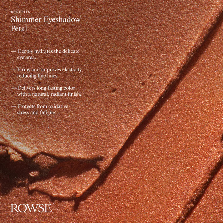 Shimmer eyeshadow petal with ROWSE branding and product benefits text.