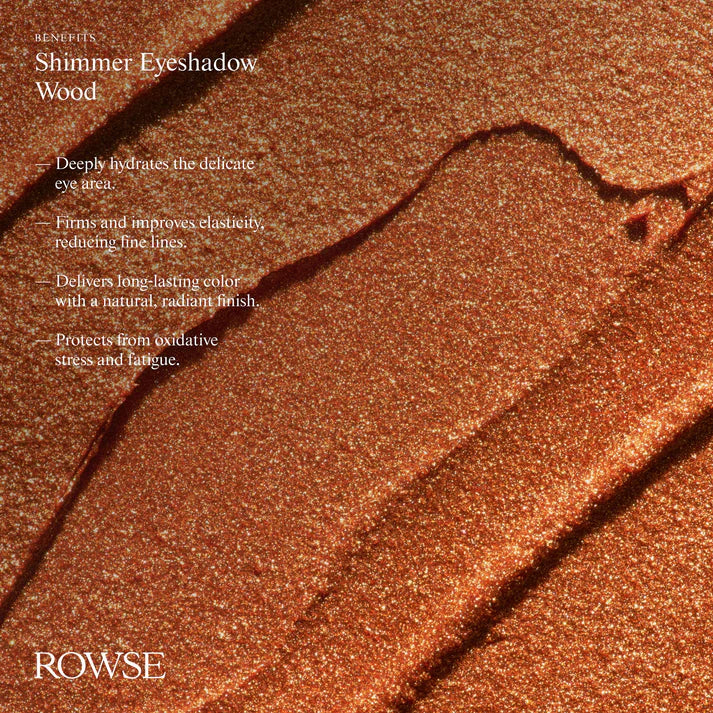 Shimmer eyeshadow swatch with ROWSE branding and product benefits text.
