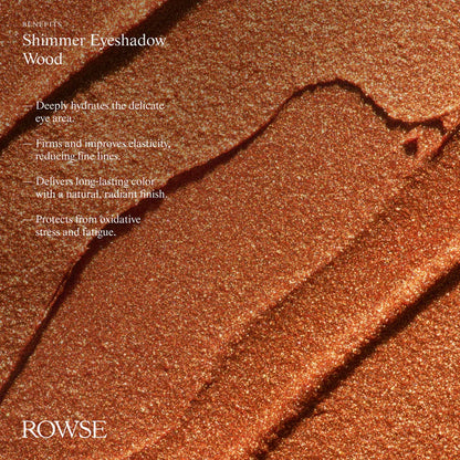 Shimmer eyeshadow swatch with ROWSE branding and product benefits text.