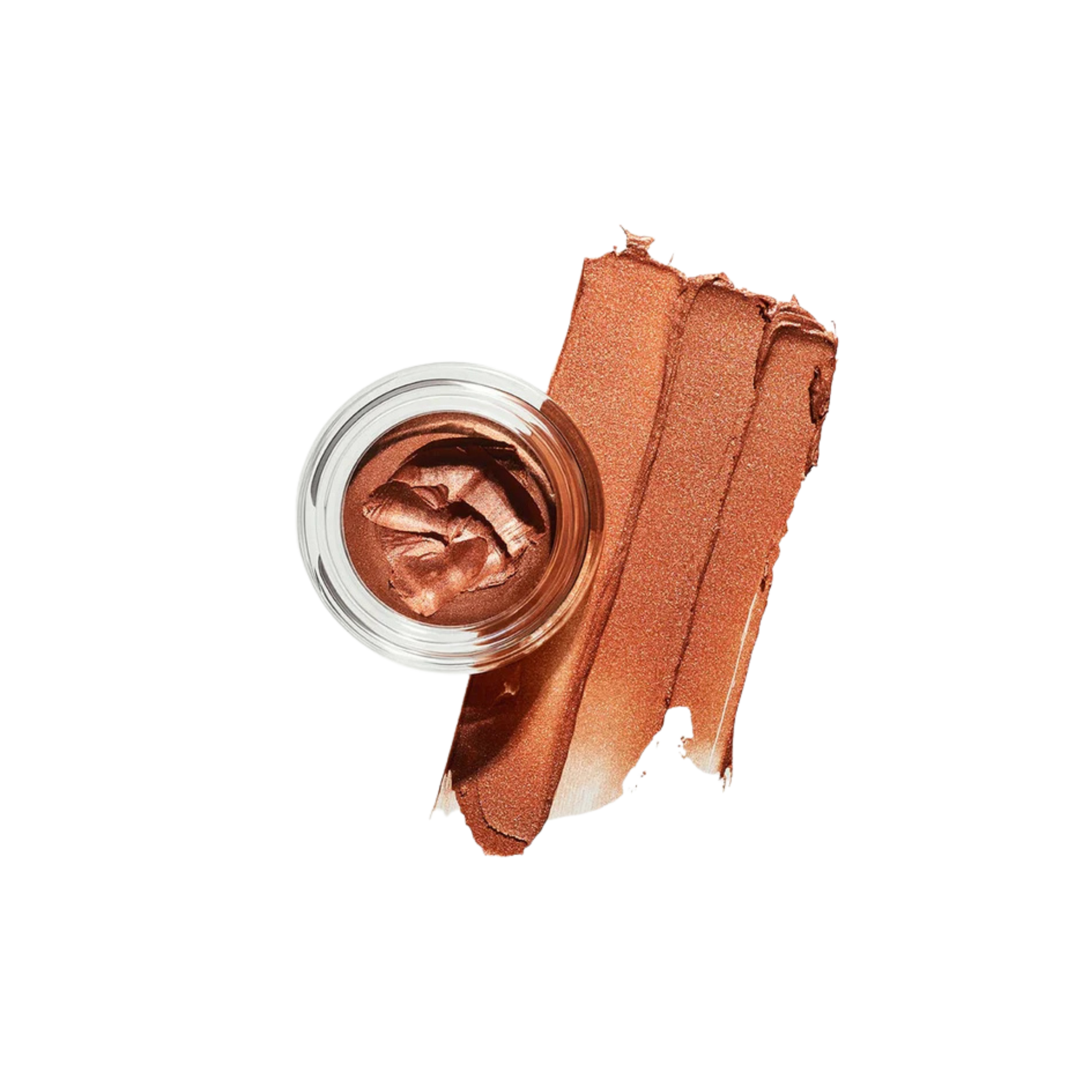 Bronze-colored makeup cream in a small jar with a swatch on a white background
