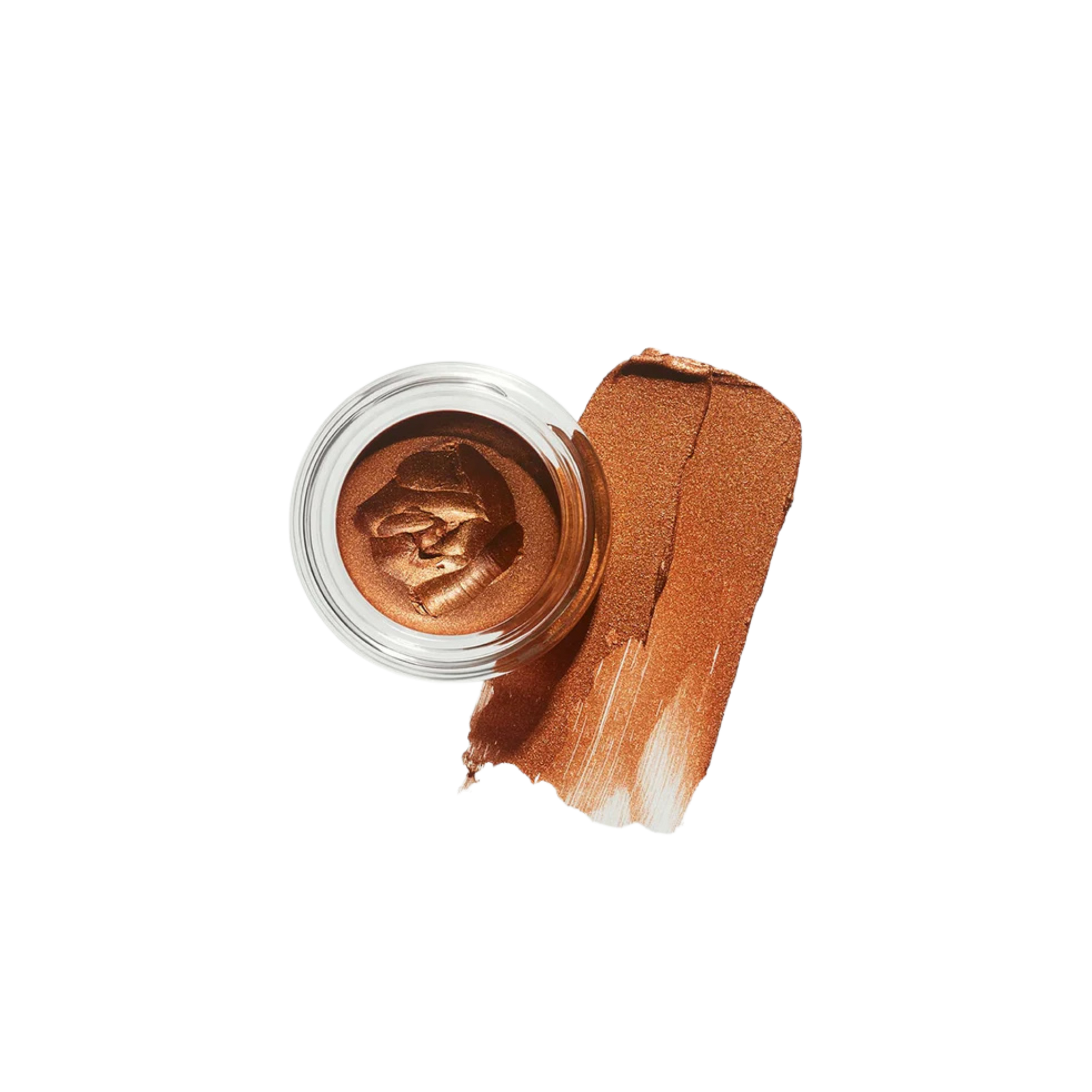 Bronze-colored cosmetic cream in a small jar with a swatch on a white background