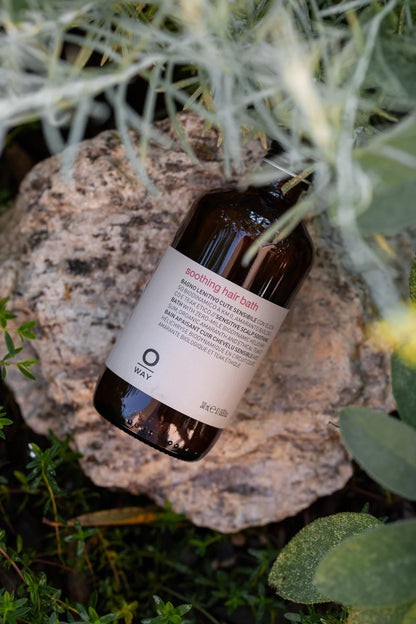 Bottle of Odylique hair balm on a rock with greenery