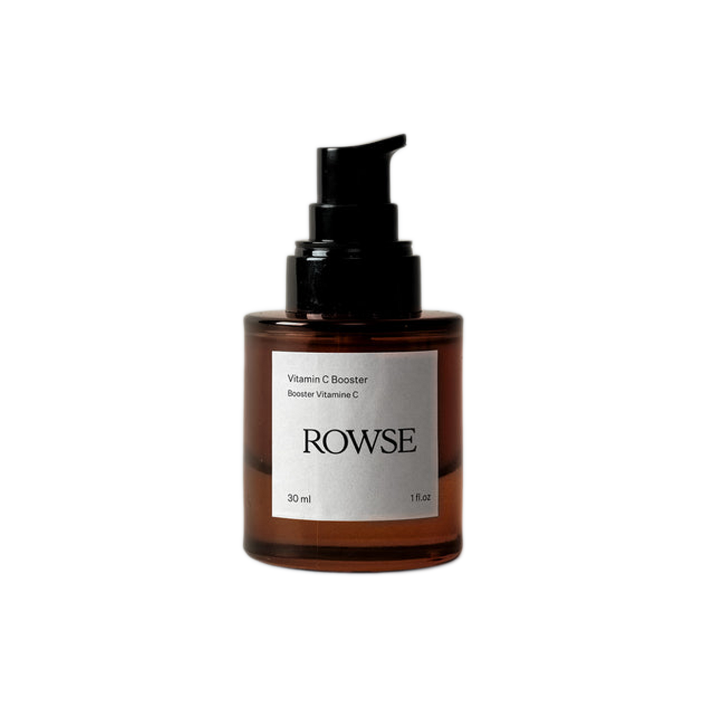 A brown glass bottle with a black pump dispenser labeled 'ROWSE Vitamin C Booster', containing a skin care product.