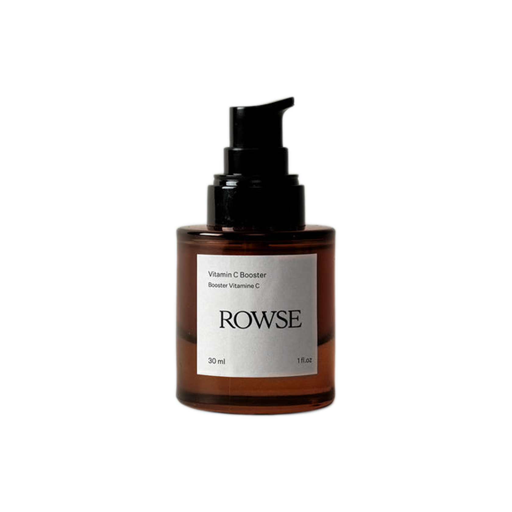 A brown glass bottle with a black pump dispenser labeled 'ROWSE Vitamin C Booster', containing a skin care product.