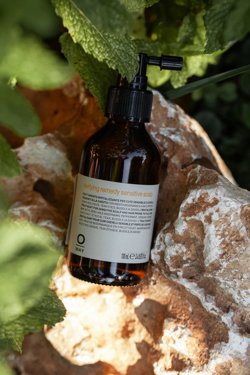 Bottle of skincare product on a rock with greenery