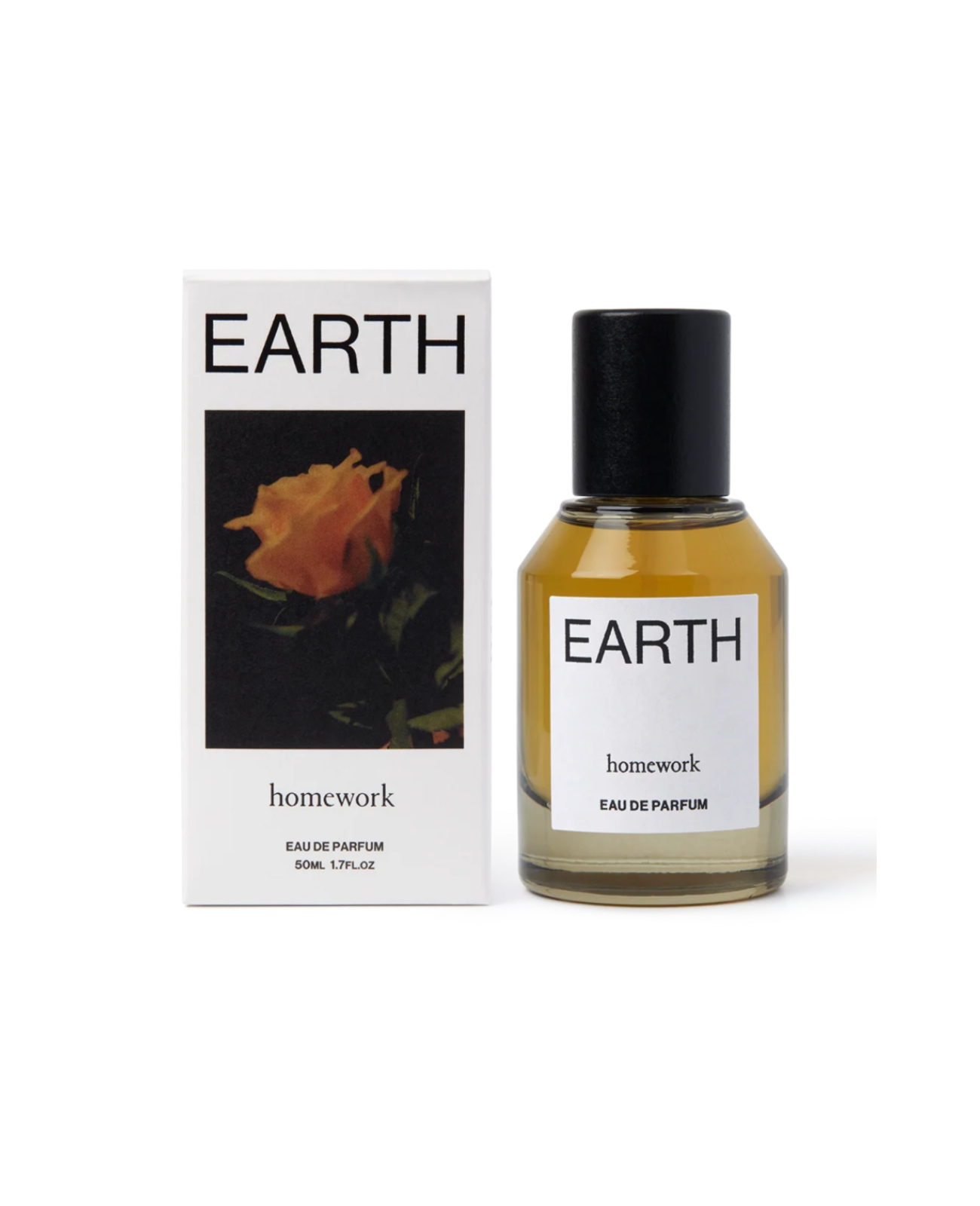 Perfume bottle and packaging of 'Earth' by Homework on a white background