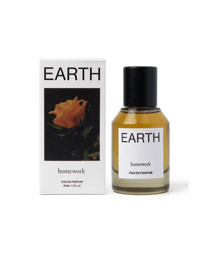 Perfume bottle and packaging of 'Earth' by Homework on a white background