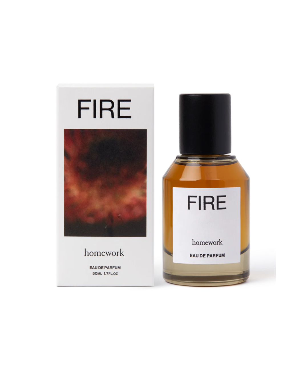 Perfume bottle and packaging of 'Fire' by Homework on a white background