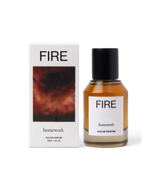 Perfume bottle and packaging of 'Fire' by Homework on a white background