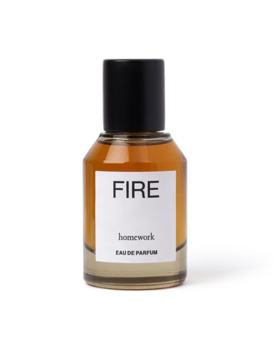 Perfume bottle labeled 'FIRE' by 'homework' on a white background