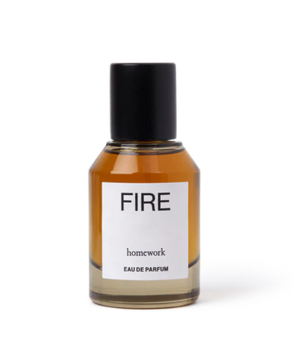 Perfume bottle labeled 'FIRE' by 'homework' on a white background