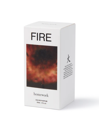 White box with 'FIRE' branding and image of a dark red and orange sky on a white background