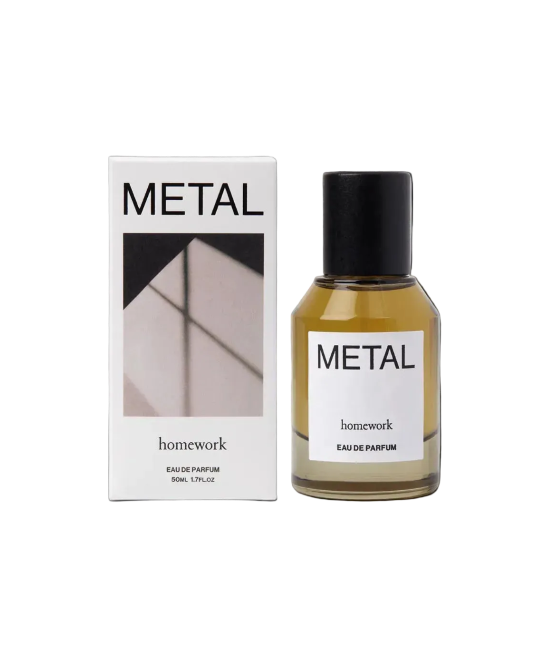 Perfume bottle labeled 'Metal' by 'homework' on a white background next to packaging box