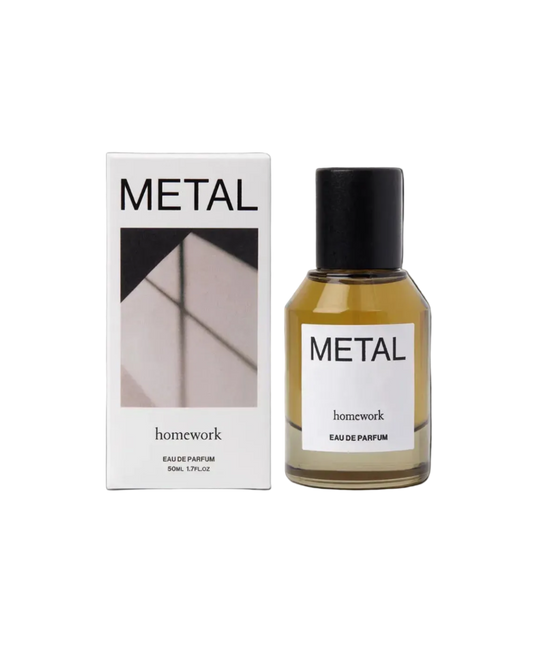 Perfume bottle labeled 'Metal' by 'homework' on a white background next to packaging box