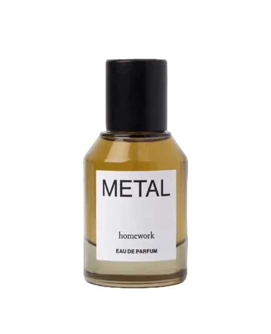 Perfume bottle labeled 'Metal' by 'homework' on a white background
