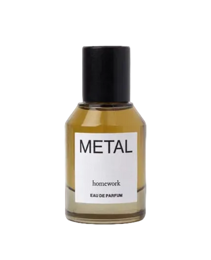 Perfume bottle labeled 'Metal' by 'homework' on a white background