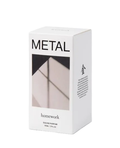 White box with 'METAL' and 'homework' text on a white background