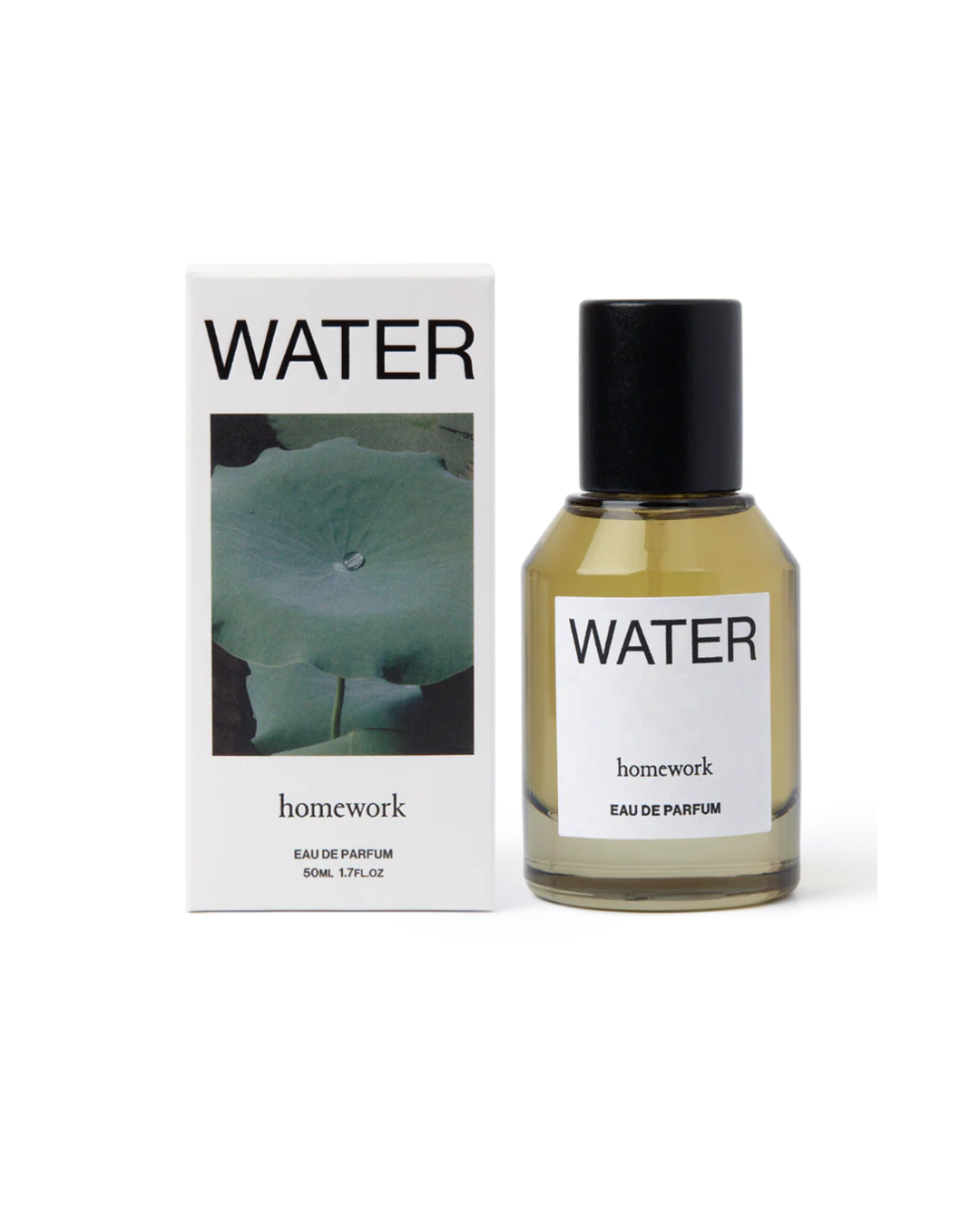 Homework 'Water' eau de parfum bottle and packaging on a white background