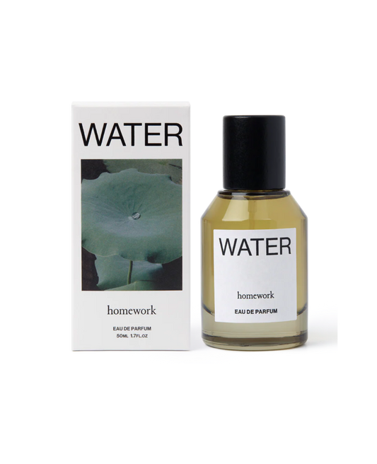 Homework 'Water' eau de parfum bottle and packaging on a white background