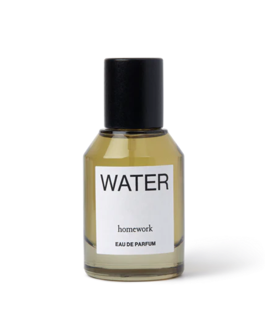Perfume bottle labeled 'Water' by 'homework' on a white background