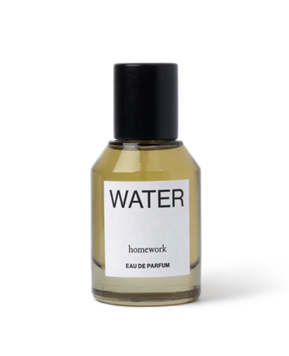 Perfume bottle labeled 'Water' by 'homework' on a white background