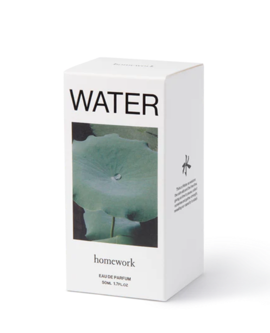 White box with 'WATER' text and a green leaf design on a white background