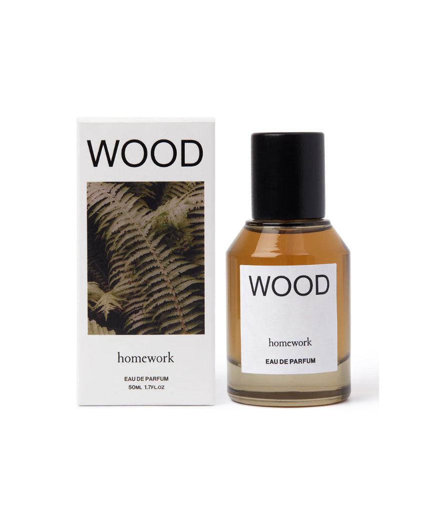 Eau de Parfum bottle and packaging with 'WOOD' branding on a white background