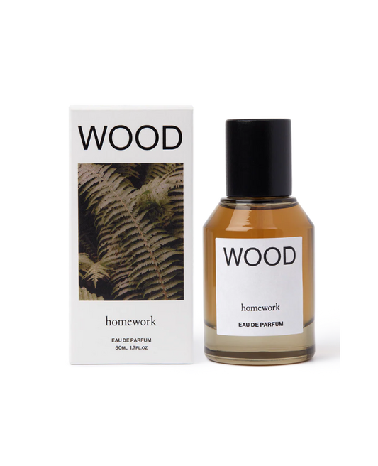 Eau de Parfum bottle and packaging with 'WOOD' branding on a white background
