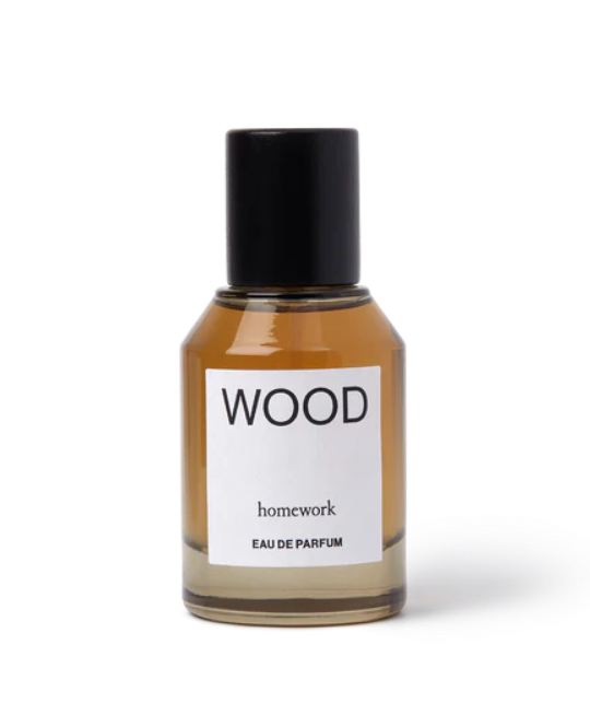 Perfume bottle labeled 'WOOD homework' on a white background