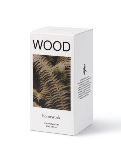 White box with 'WOOD' text and fern design on a white background