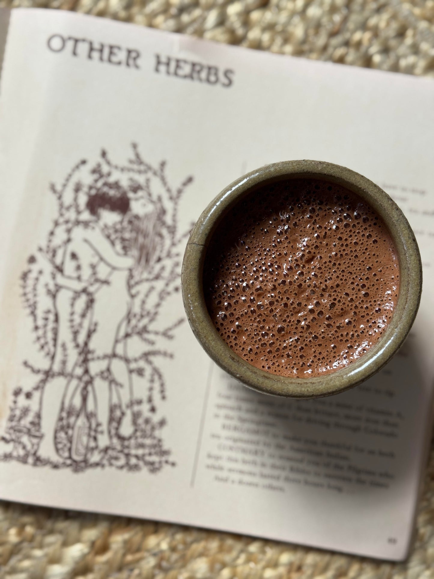 Ceramic mug with hot chocolate on a book titled 'Other Herbs'.