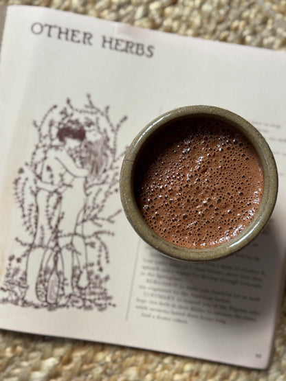 Ceramic mug with hot chocolate on a book titled 'Other Herbs'.