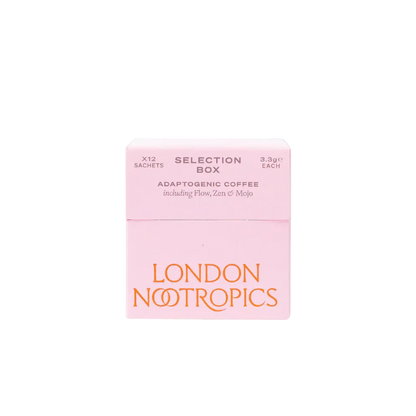 Box of London Nootropics adaptogenic coffee selection on a white background