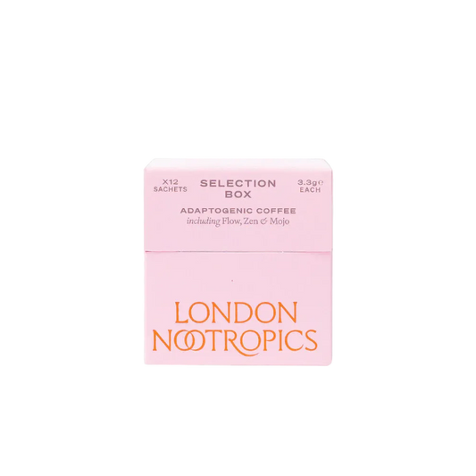 Box of London Nootropics adaptogenic coffee selection on a white background