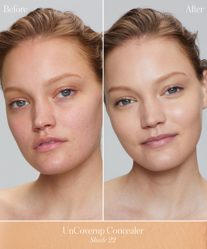 Before and after model comparison demonstrating RMS Beauty UnCover-Up cream concealer in shade 22 reducing redness and evening skin tone with a natural finish