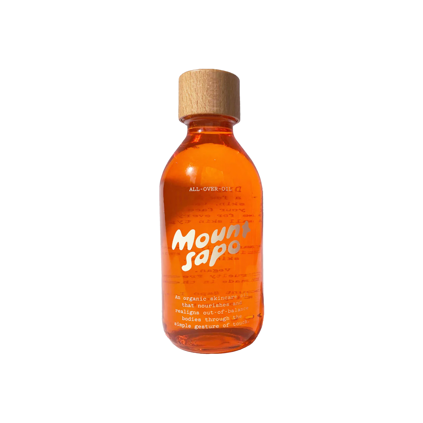 A clear bottle with orange tinted oil and a wooden cap, labeled 'Mount Sapo All Over Oil 200ml'.