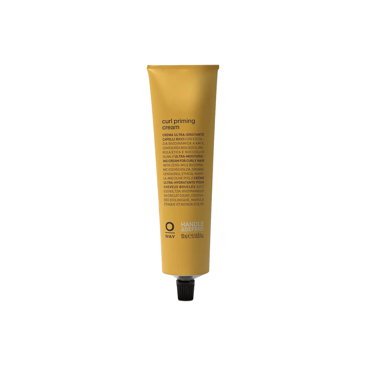 A tube of Curl Priming Cream by OWAY designed for curly hair, with organic and cruelty-free indications.