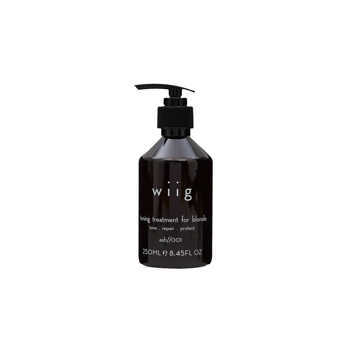 WIIG Ash Toning Treatment 250ml bottle, a violet-pigmented PLEX hair mask designed to neutralise brassiness and yellow tones for cool ash blonde hair.