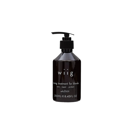 WIIG Ash Toning Treatment 250ml bottle, a violet-pigmented PLEX hair mask designed to neutralise brassiness and yellow tones for cool ash blonde hair.
